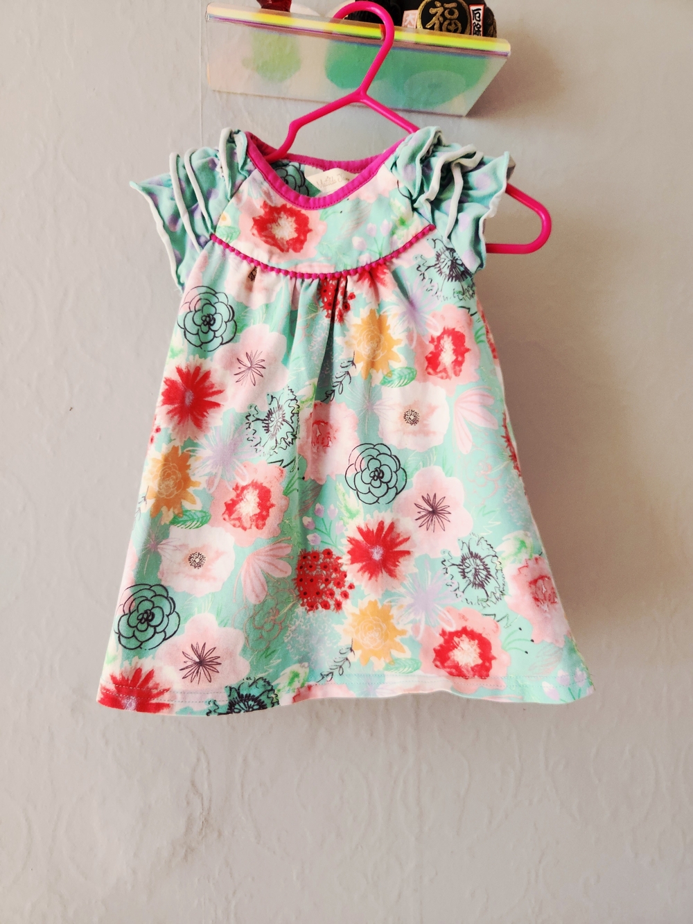 Matilda Jane 12m Floral Ruffle Sleeve Long Dress Top with Pink Trim